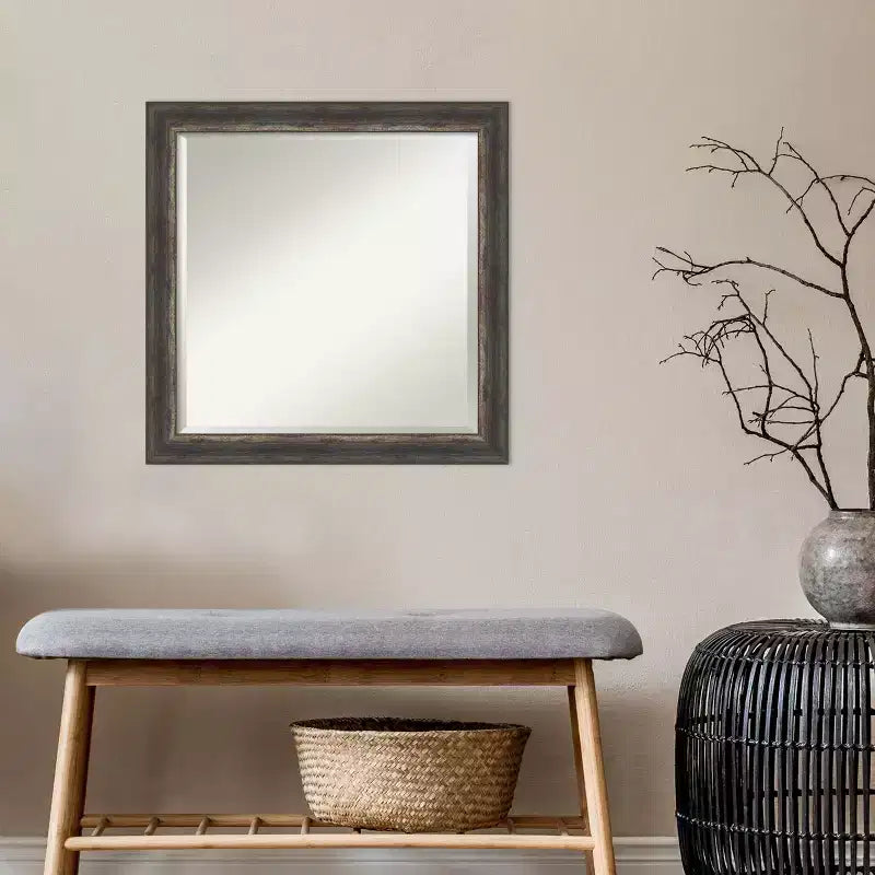 24" x 24" Bark Rustic Char Narrow Framed Wall Mirror Brown: Beveled, Square, No Assembly Required