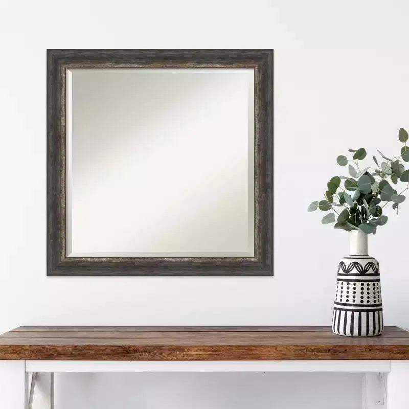 24" x 24" Bark Rustic Char Narrow Framed Wall Mirror Brown: Beveled, Square, No Assembly Required