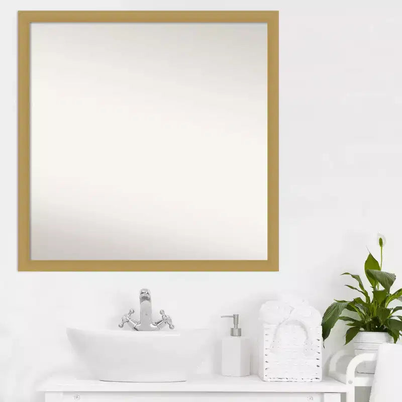 28" x 28" Non-Beveled Square Bathroom Wall Mirror Brushed Gold