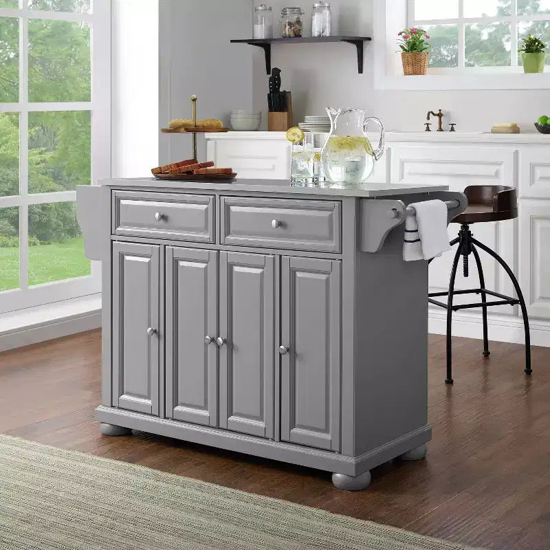 Full-Size Kitchen Island Cart Gray with Stainless Steel Top and Storage