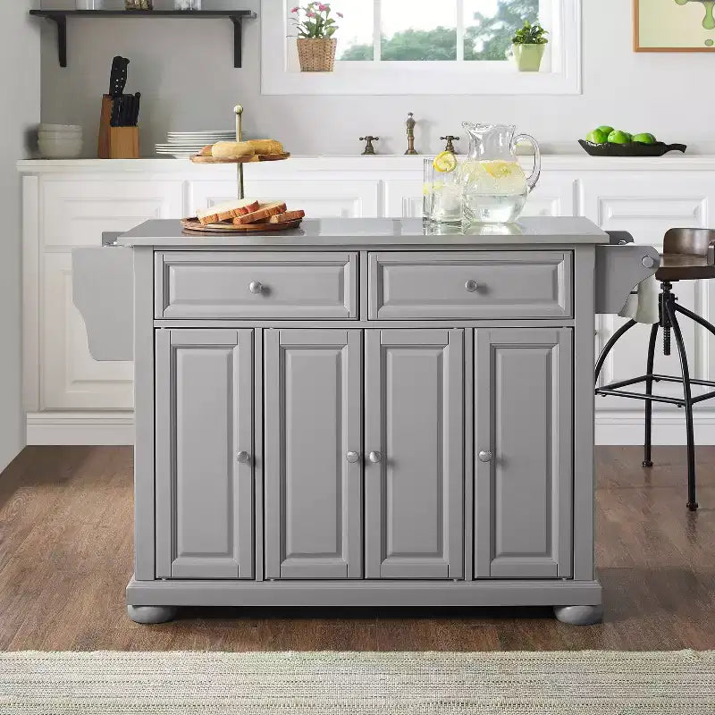 Full-Size Kitchen Island Cart Gray with Stainless Steel Top and Storage