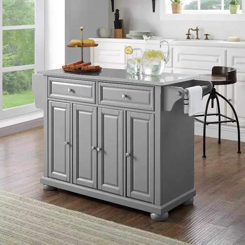 Full-Size Kitchen Island Cart Gray with Stainless Steel Top and Storage