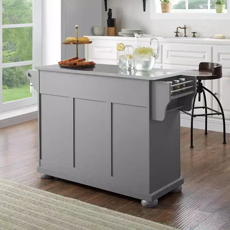 Full-Size Kitchen Island Cart Gray with Stainless Steel Top and Storage