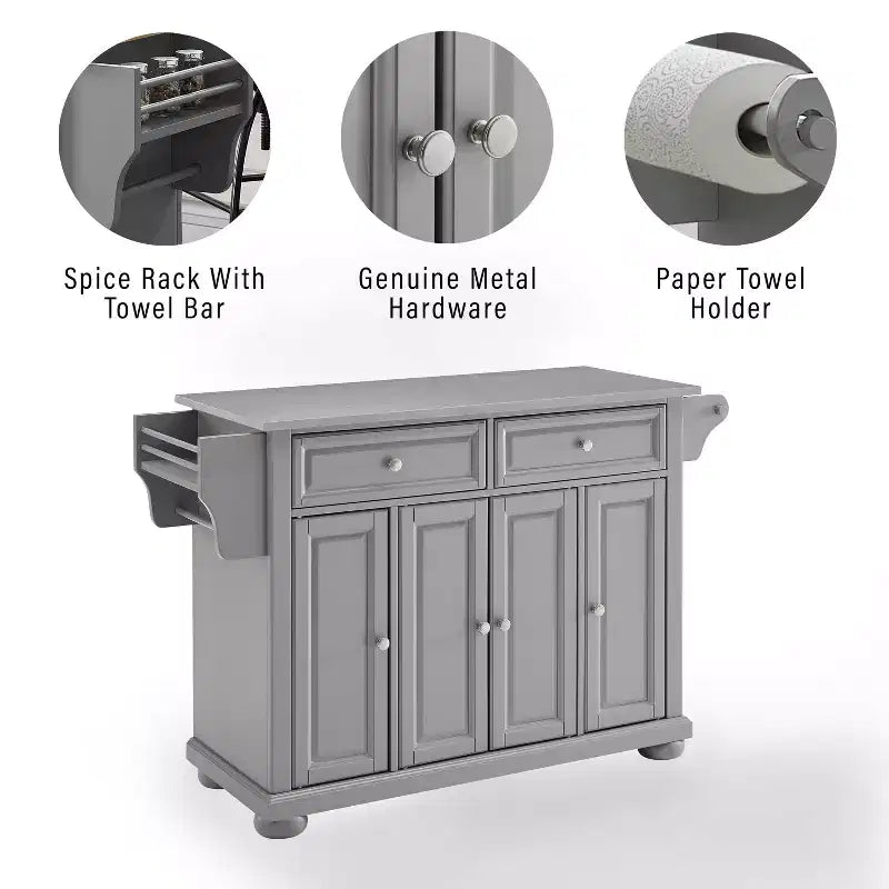 Full-Size Kitchen Island Cart Gray with Stainless Steel Top and Storage