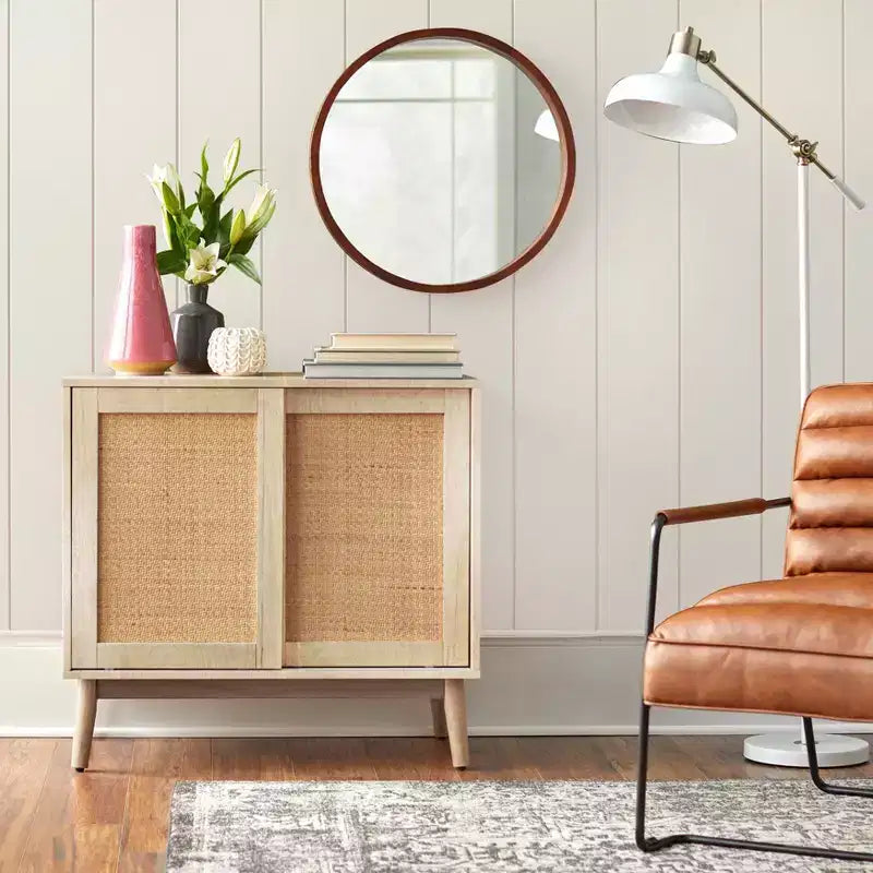 Rattan Sliding Door Buffet Natural: Mid-Century Modern Sideboard, Adjustable Shelves