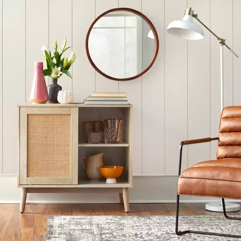 Rattan Sliding Door Buffet Natural: Mid-Century Modern Sideboard, Adjustable Shelves