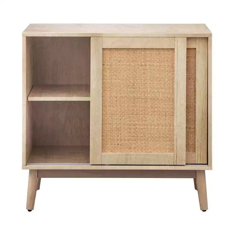 Rattan Sliding Door Buffet Natural: Mid-Century Modern Sideboard, Adjustable Shelves