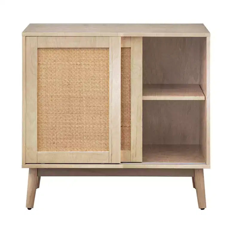 Rattan Sliding Door Buffet Natural: Mid-Century Modern Sideboard, Adjustable Shelves