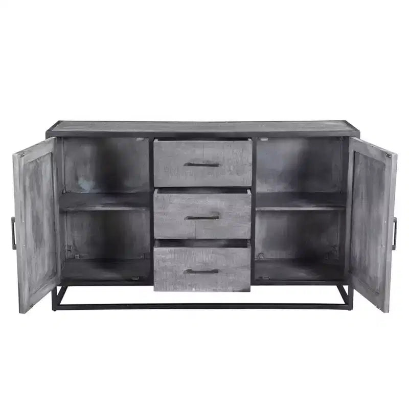 Raven Mango Wood Sideboard Gray: Metal Frame, 3 Drawers, 2 Doors