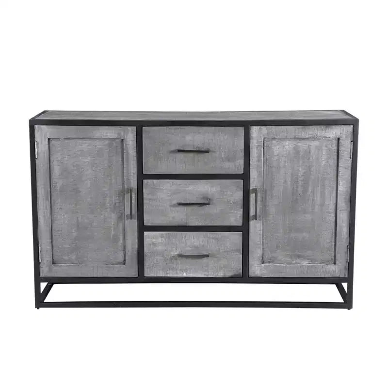 Raven Mango Wood Sideboard Gray: Metal Frame, 3 Drawers, 2 Doors