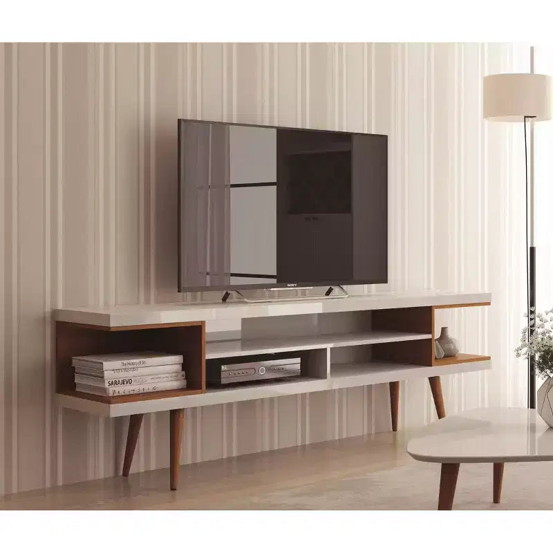 70.47" TV Stand for TVs up to 65" White Gloss/Maple Cream Modern Console with Storage