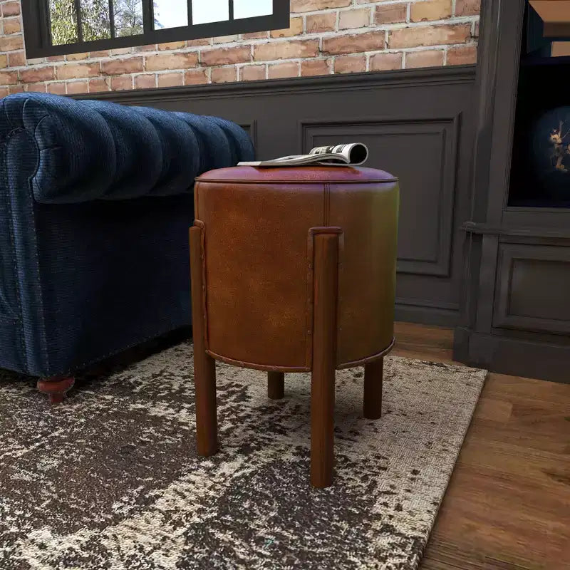Traditional Leather Stool Brown: Round Wood Frame, No Assembly, Spot Clean