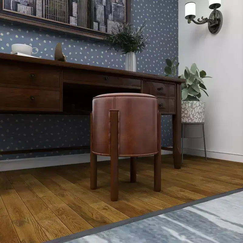 Traditional Leather Stool Brown: Round Wood Frame, No Assembly, Spot Clean