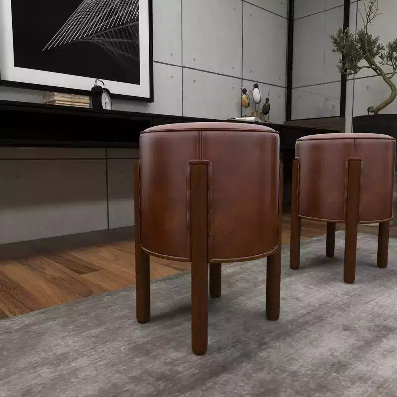 Traditional Leather Stool Brown: Round Wood Frame, No Assembly, Spot Clean