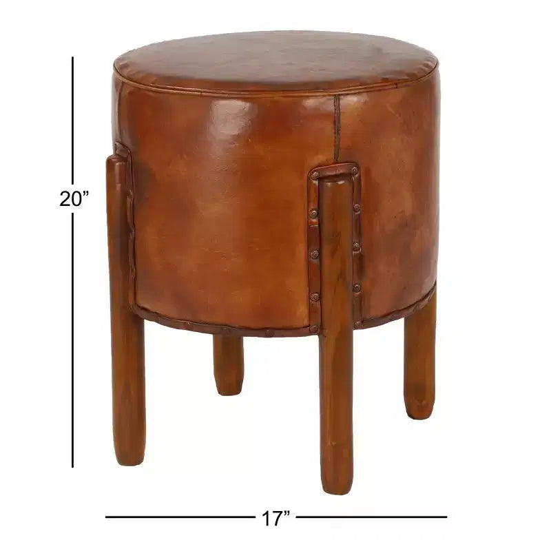 Traditional Leather Stool Brown: Round Wood Frame, No Assembly, Spot Clean