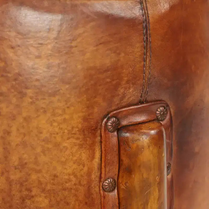 Traditional Leather Stool Brown: Round Wood Frame, No Assembly, Spot Clean