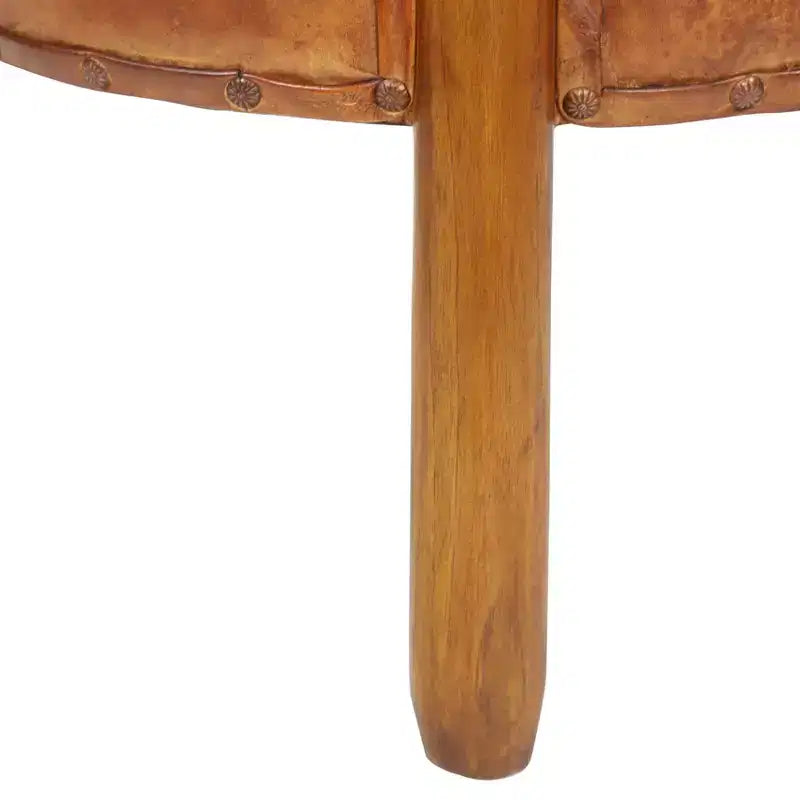 Traditional Leather Stool Brown: Round Wood Frame, No Assembly, Spot Clean