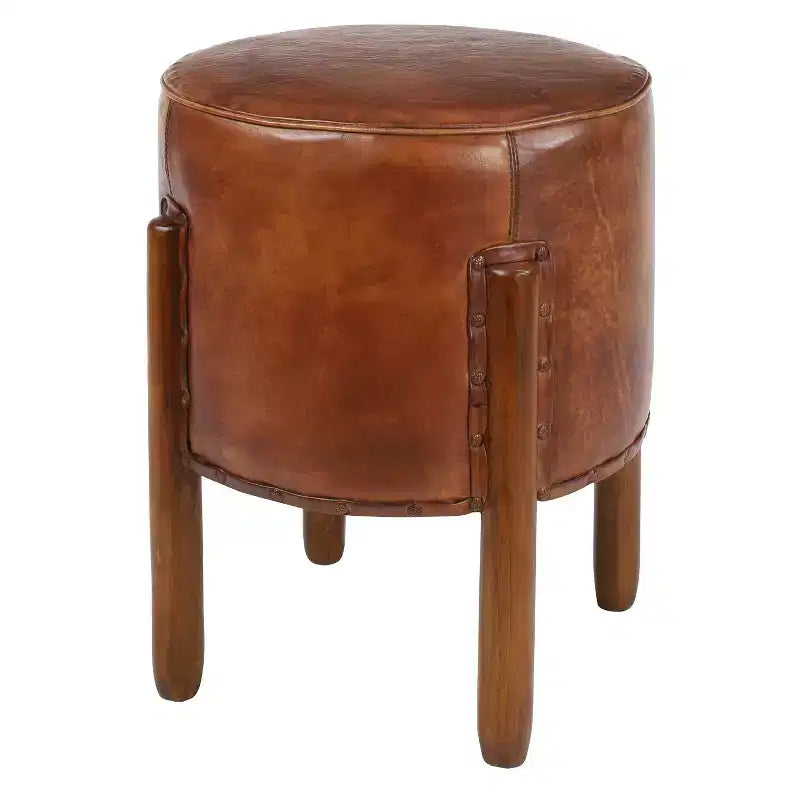 Traditional Leather Stool Brown: Round Wood Frame, No Assembly, Spot Clean