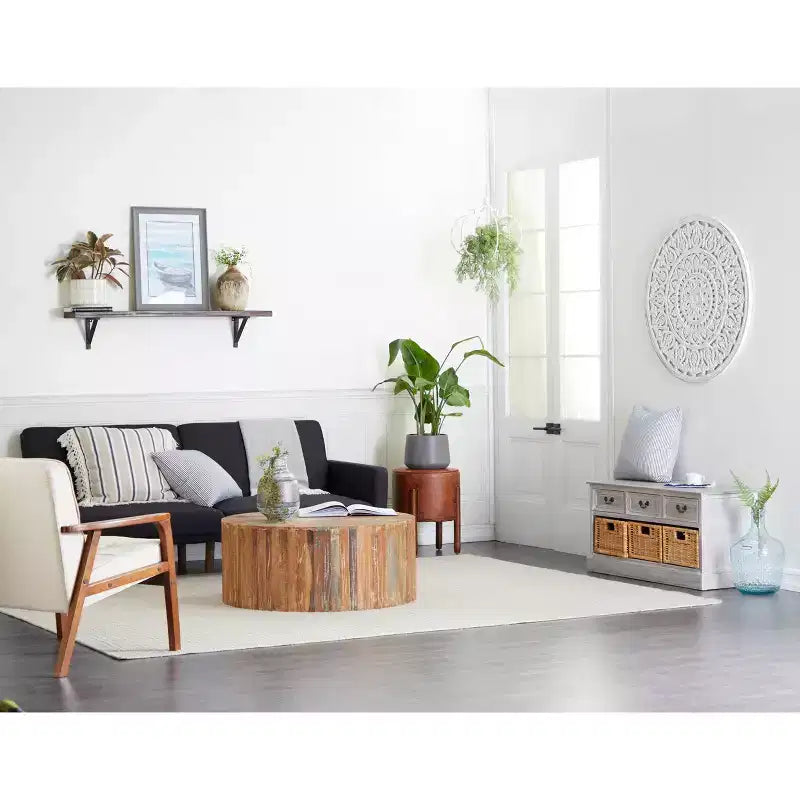 Traditional Leather Stool Brown: Round Wood Frame, No Assembly, Spot Clean