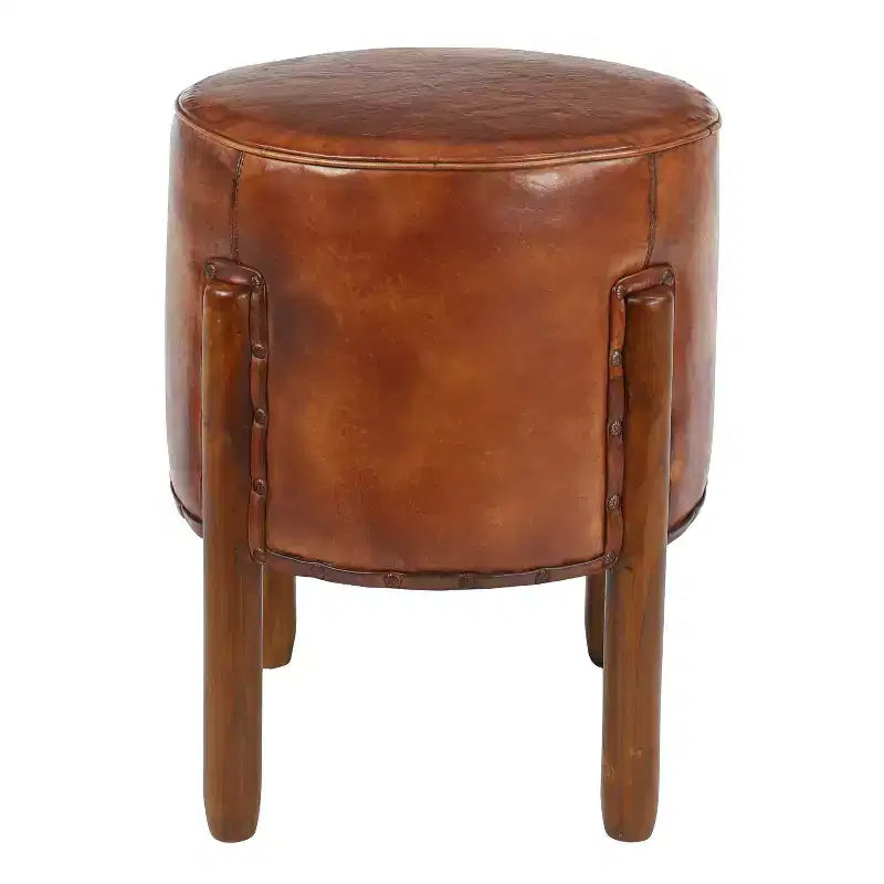 Traditional Leather Stool Brown: Round Wood Frame, No Assembly, Spot Clean