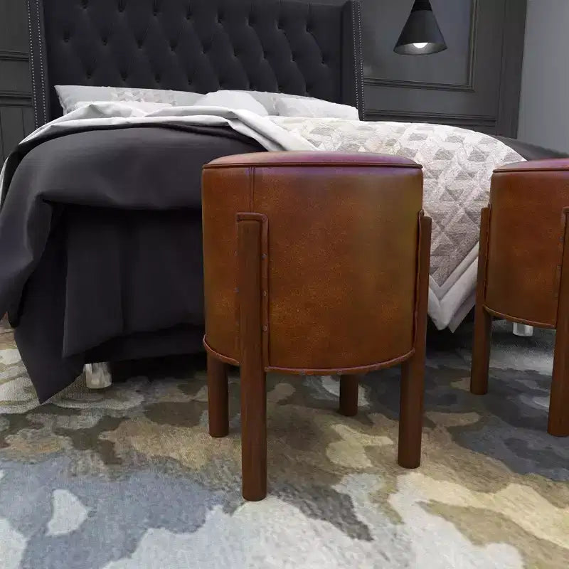 Traditional Leather Stool Brown: Round Wood Frame, No Assembly, Spot Clean