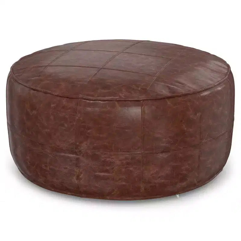 34" Round Coffee Table Pouf Distressed Brown Genuine Buffalo Leather