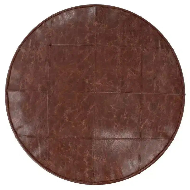 34" Round Coffee Table Pouf Distressed Brown Genuine Buffalo Leather