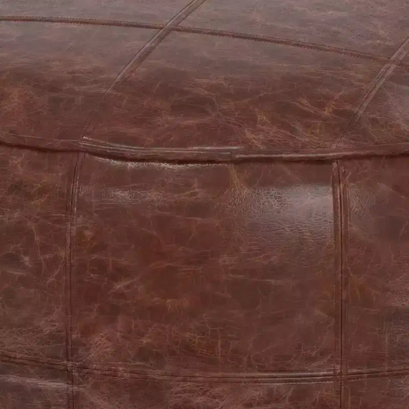 34" Round Coffee Table Pouf Distressed Brown Genuine Buffalo Leather