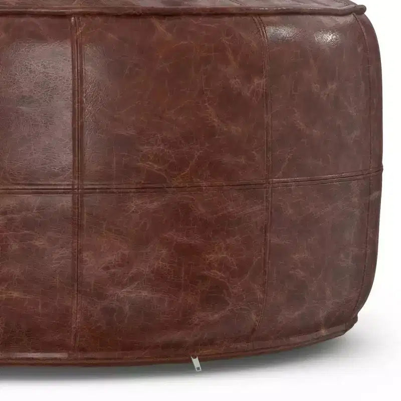34" Round Coffee Table Pouf Distressed Brown Genuine Buffalo Leather