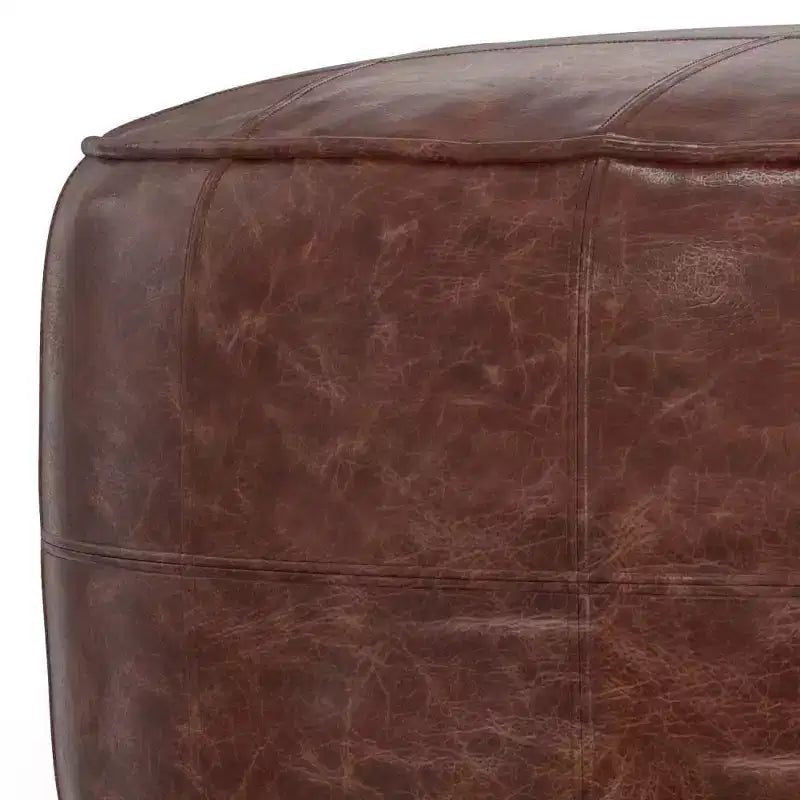 34" Round Coffee Table Pouf Distressed Brown Genuine Buffalo Leather