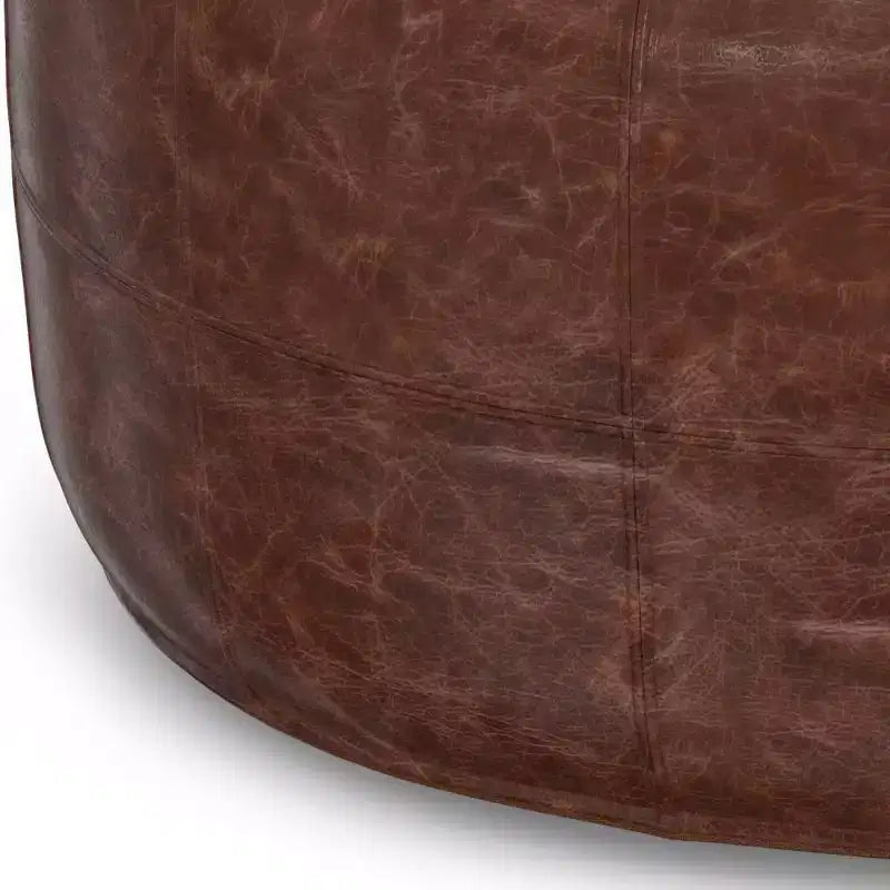 34" Round Coffee Table Pouf Distressed Brown Genuine Buffalo Leather