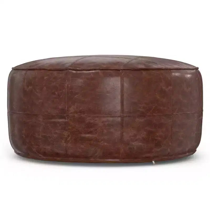 34" Round Coffee Table Pouf Distressed Brown Genuine Buffalo Leather