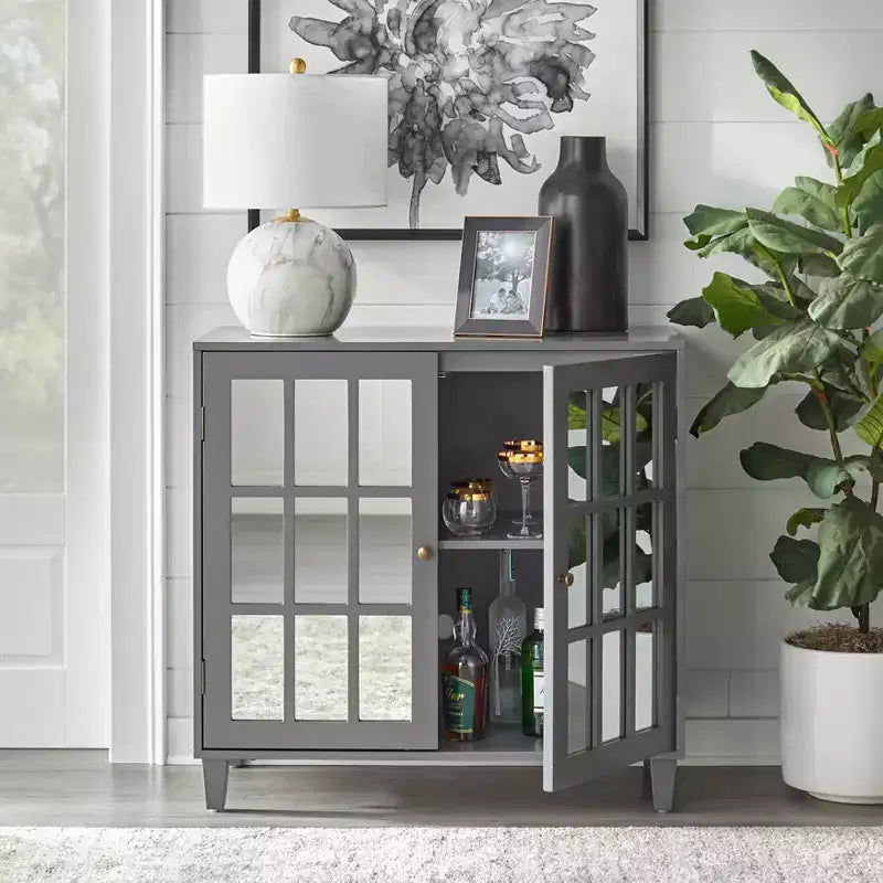 Modern Mirrored Door Cabinet Charcoal Gray: Modern Farmhouse Style, Brass Pulls, Adjustable Shelf