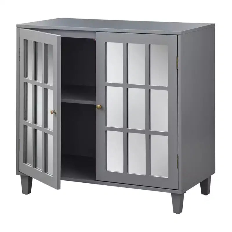 Modern Mirrored Door Cabinet Charcoal Gray: Modern Farmhouse Style, Brass Pulls, Adjustable Shelf