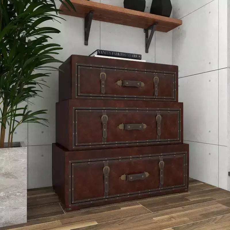 Traditional Faux Leather and Wood Chest Brown: Elegant Divided Storage, No Assembly Required