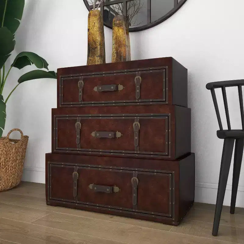 Traditional Faux Leather and Wood Chest Brown: Elegant Divided Storage, No Assembly Required