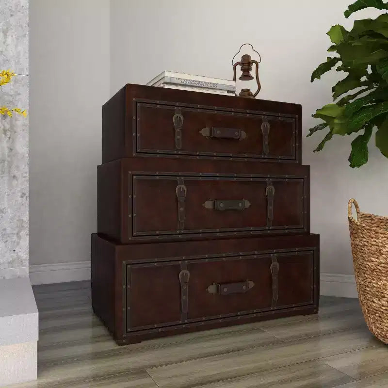 Traditional Faux Leather and Wood Chest Brown: Elegant Divided Storage, No Assembly Required