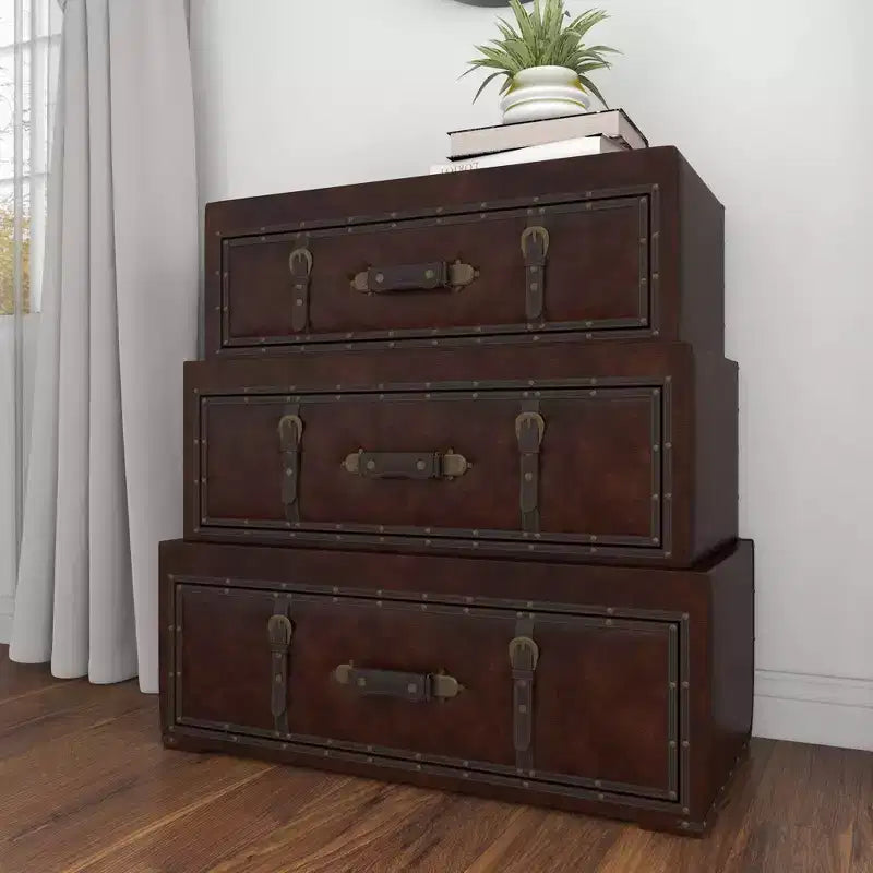 Traditional Faux Leather and Wood Chest Brown: Elegant Divided Storage, No Assembly Required