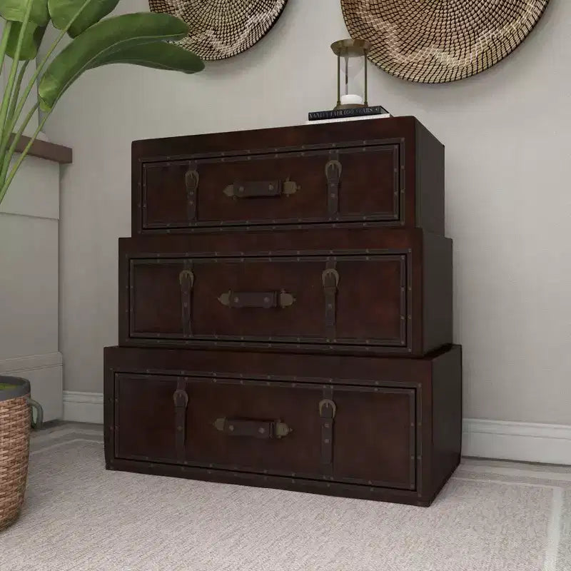 Traditional Faux Leather and Wood Chest Brown: Elegant Divided Storage, No Assembly Required