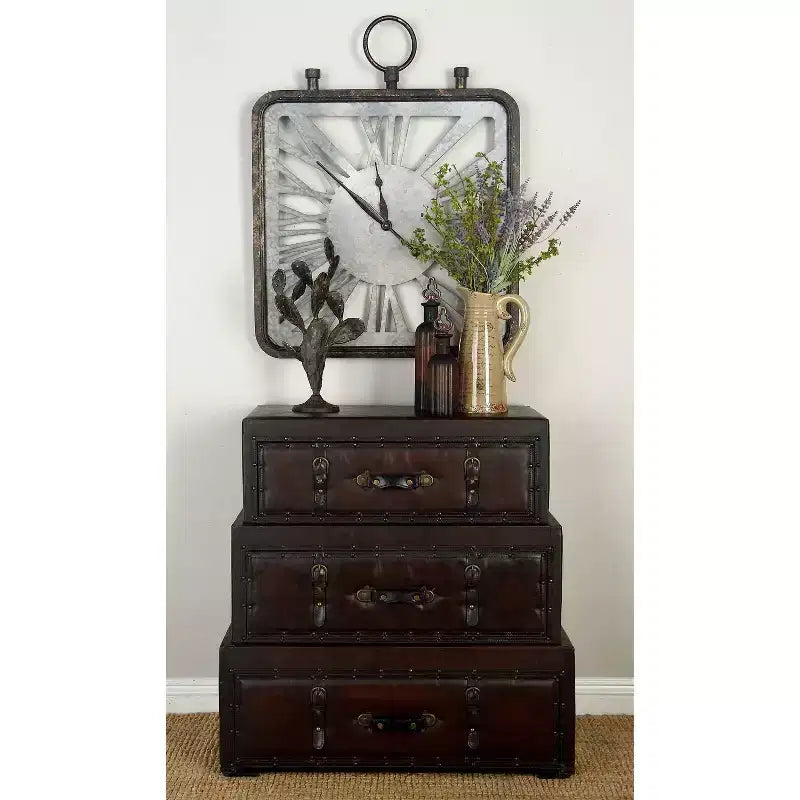Traditional Faux Leather and Wood Chest Brown: Elegant Divided Storage, No Assembly Required