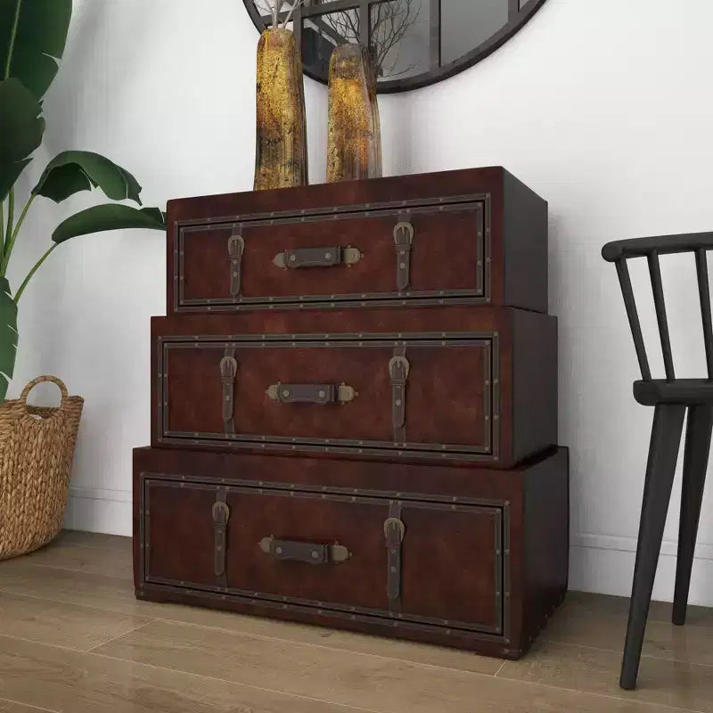 Traditional Faux Leather and Wood Chest Brown: Elegant Divided Storage, No Assembly Required