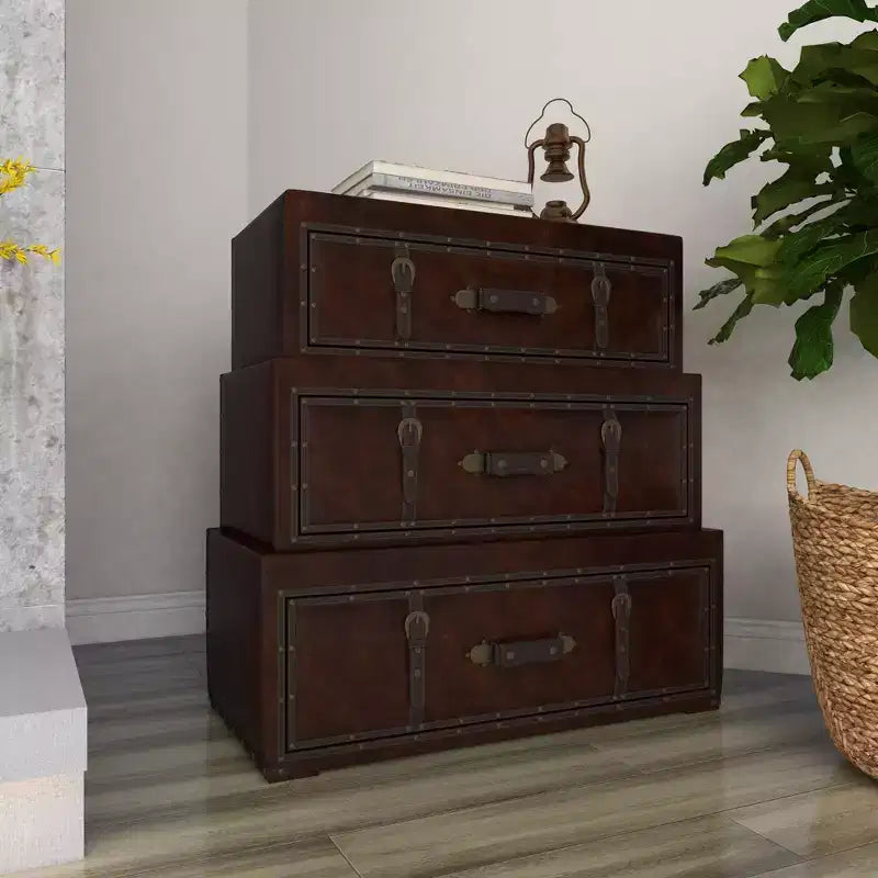 Traditional Faux Leather and Wood Chest Brown: Elegant Divided Storage, No Assembly Required