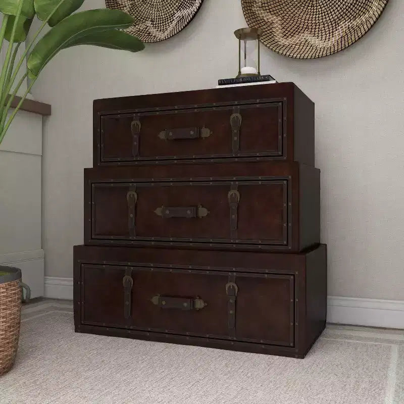 Traditional Faux Leather and Wood Chest Brown: Elegant Divided Storage, No Assembly Required