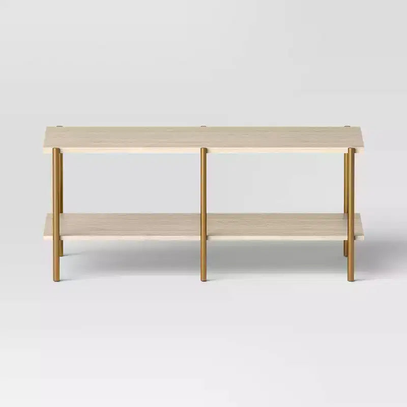Rectangular Coffee Table with Built-in Shelf and Brass Metal Legs Brown