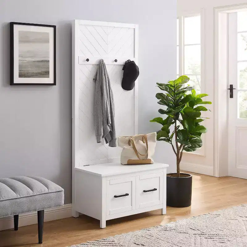 Hall Tree White Mudroom Entryway Organizer with 4 Hooks and Storage Bench Veneer Finish
