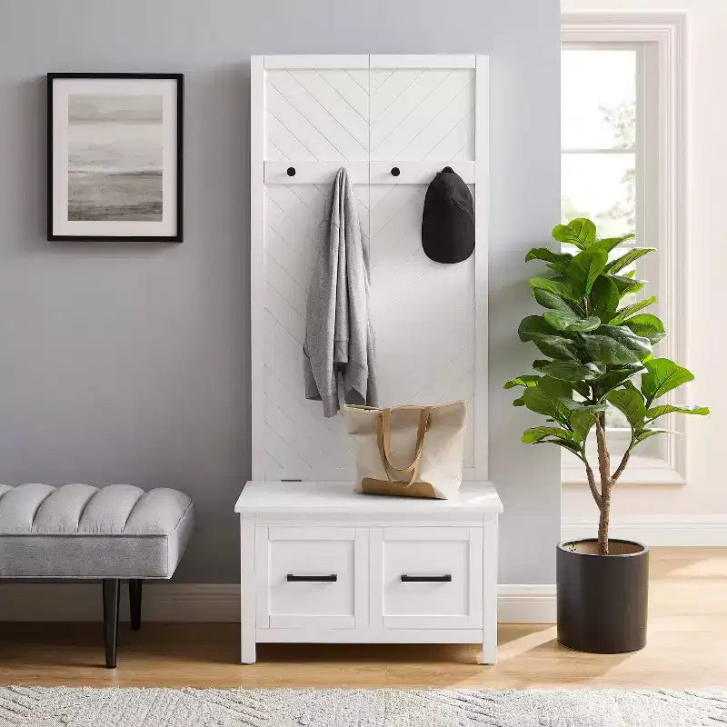 Hall Tree White Mudroom Entryway Organizer with 4 Hooks and Storage Bench Veneer Finish