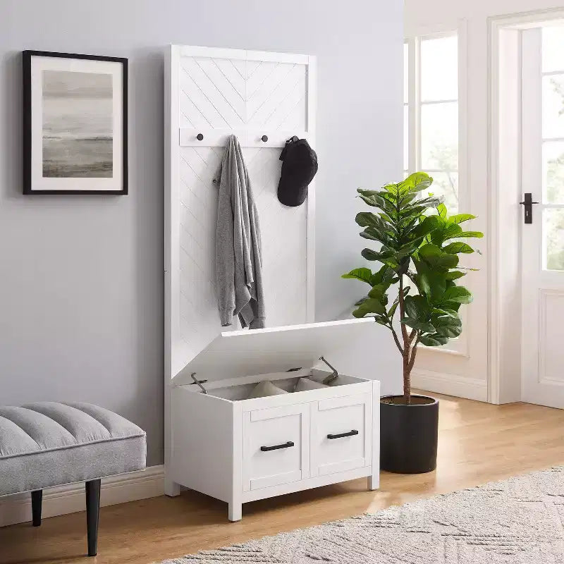 Hall Tree White Mudroom Entryway Organizer with 4 Hooks and Storage Bench Veneer Finish