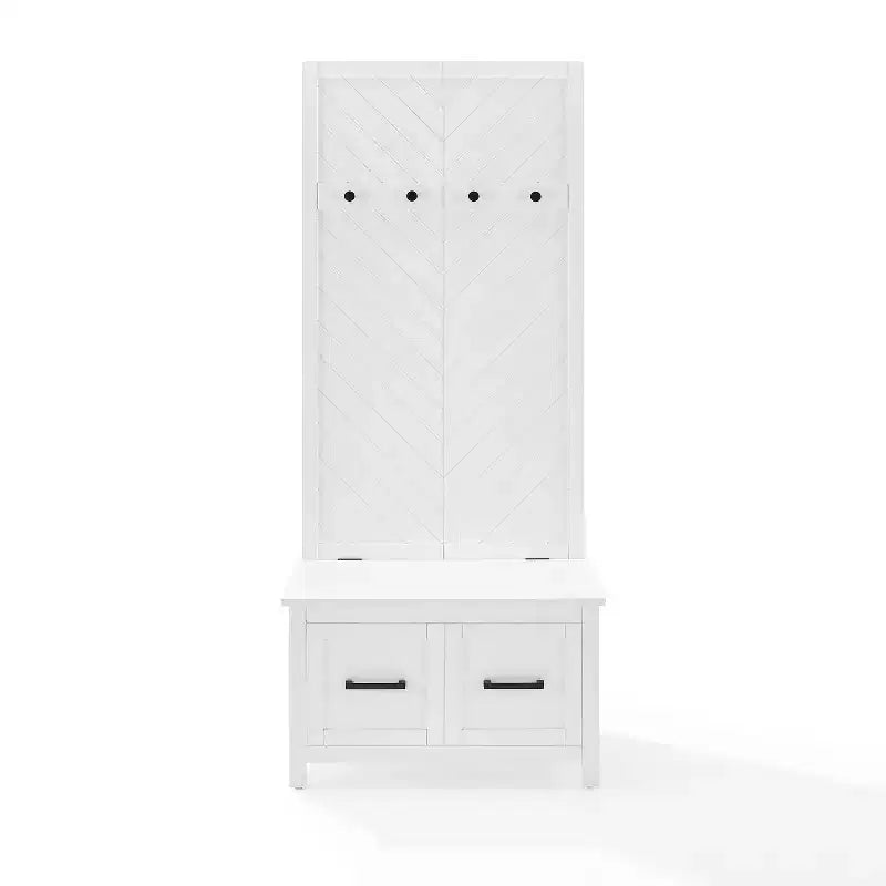 Hall Tree White Mudroom Entryway Organizer with 4 Hooks and Storage Bench Veneer Finish