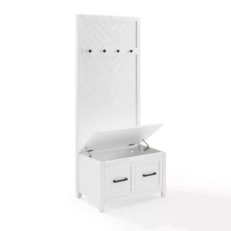 Hall Tree White Mudroom Entryway Organizer with 4 Hooks and Storage Bench Veneer Finish