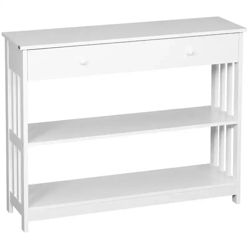 Console Hallway Table with Pull Out Drawer and 2 Open Shelves Slatted Wood Frame